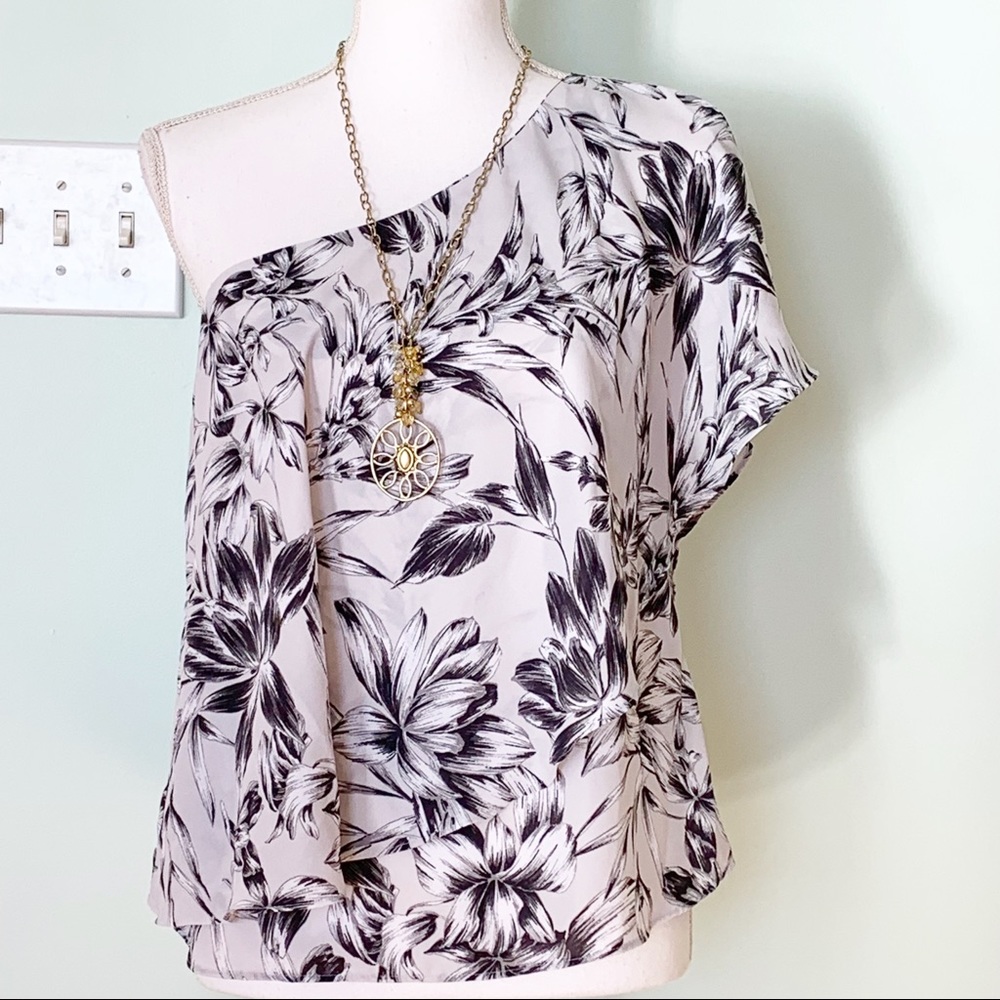 Banana Republic One Shoulder Drapey Floral Cool Neutral Blouse Top XS